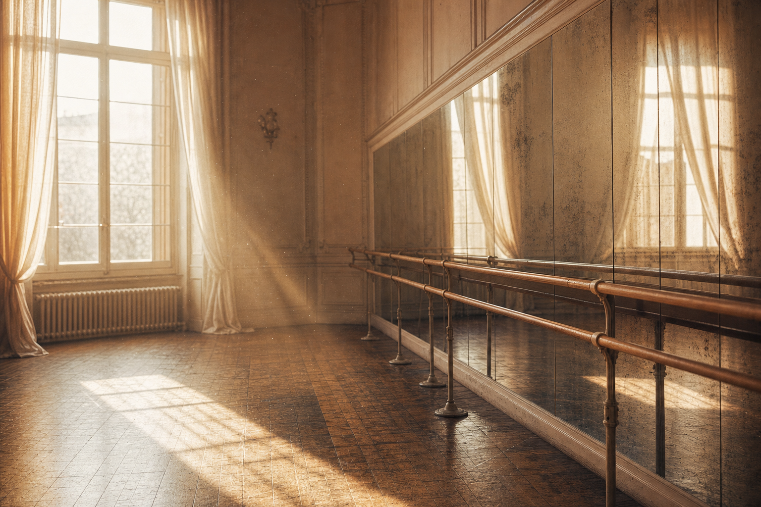 A quiet ballet studio with a barre and mirrored wall in warm light